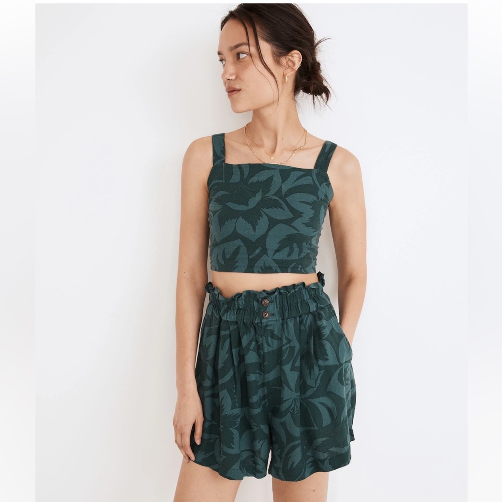 Madewell linen-blend tropical print crop top and paper bag shorts